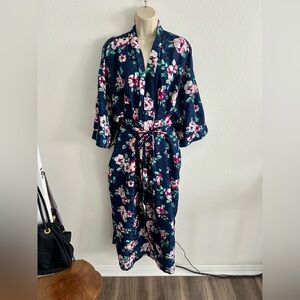 Erika Taylor‎ Vintage Robe Womens XL Navy Satin Blue Floral Long Kimono Tie Sash